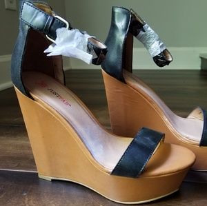 Caramel and Black Color Block Wedge Heel